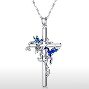 Silver and Blue Hummingbirds Cross Necklace